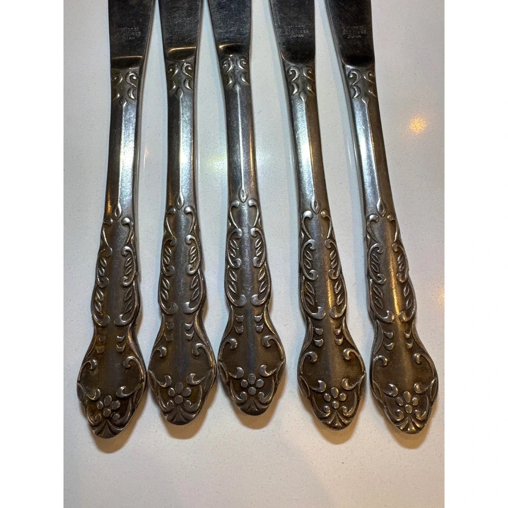 Vintage National Stainless Japan Set of 5 Ornate Handle Dinner Knives Silverware